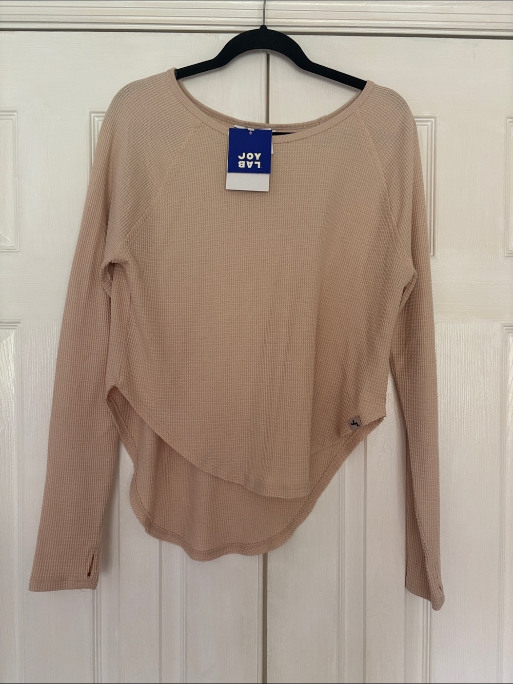 JoyLab Loose Fit Beige Waffle-Knit Layered Hem Long Sleeve Top